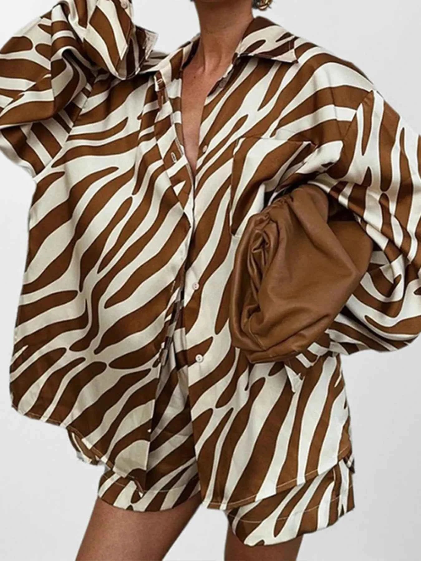 Full Size Zebra Print Shirt and Shorts Matching Set Plus Size Brown 46569754e2ca479f9203d665132c7437-Max-Origin