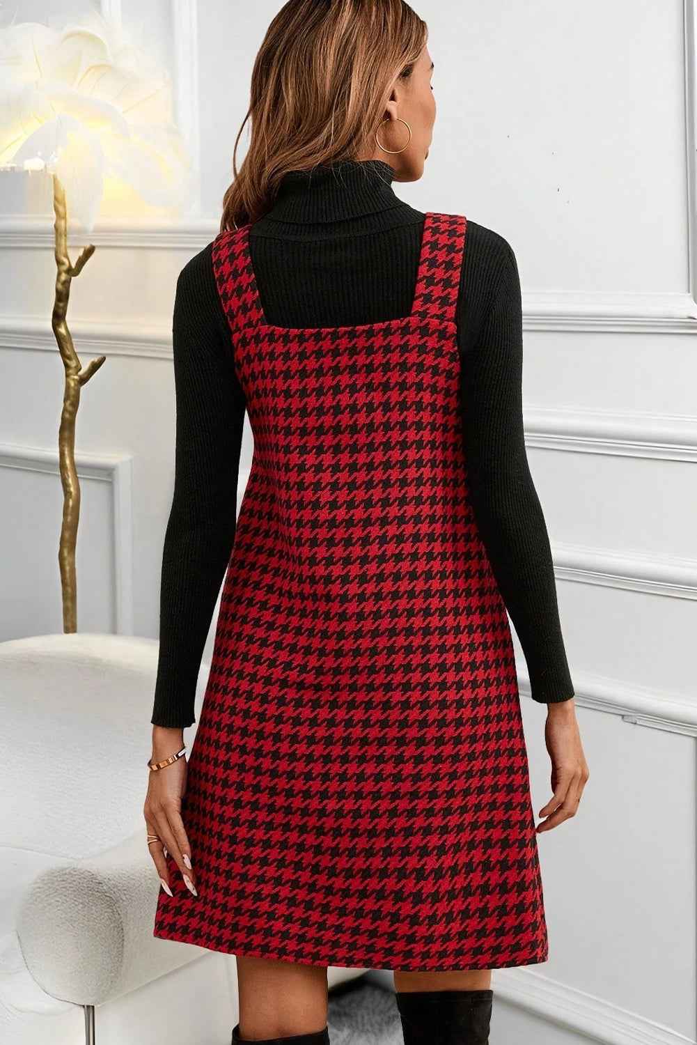 Red Houndstooth Print V Neck Sleeveless Mini Dress 4656c0af453c4534