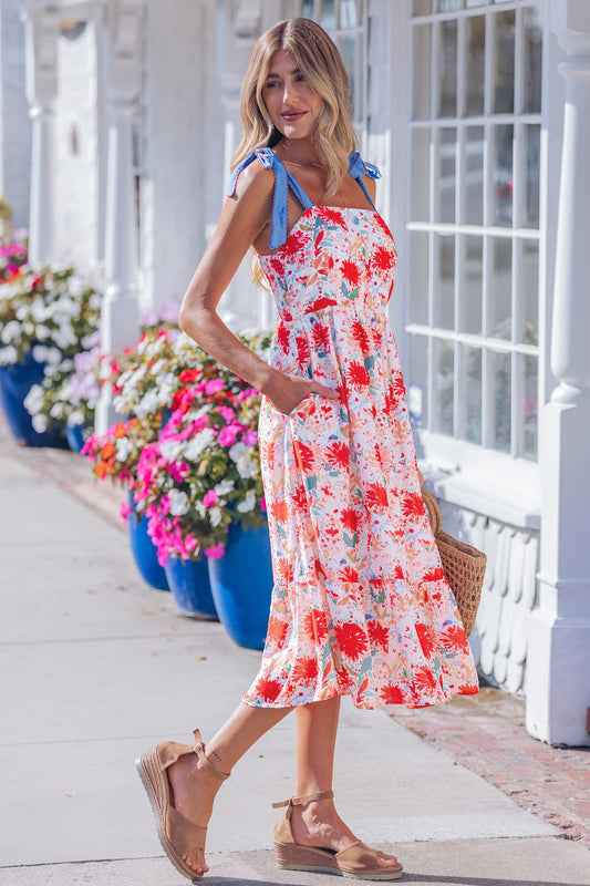 Red Floral Print Contrast Stitched Knot Denim Straps High Waist Dress 46577fe3ad19cafb