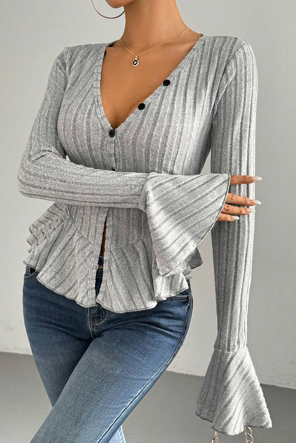 Light Grey Slim Fit Ruffle Hem Ribbed Long Sleeve Top 46587e847b71c297