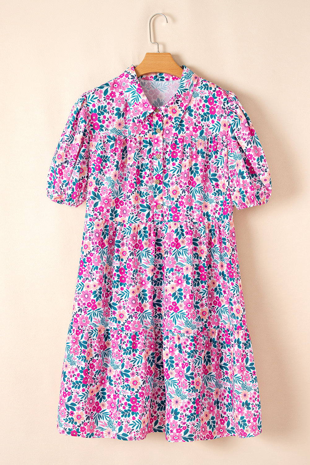 Pink Plus Size Floral Half Button Puff Sleeve A Line Dress 46588555b75e5fc9