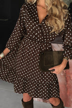 Chicory Coffee Polka Dot Long Sleeve Wrap V Neck Ruffle Hem Mini Dress 4658ccd9b516f773