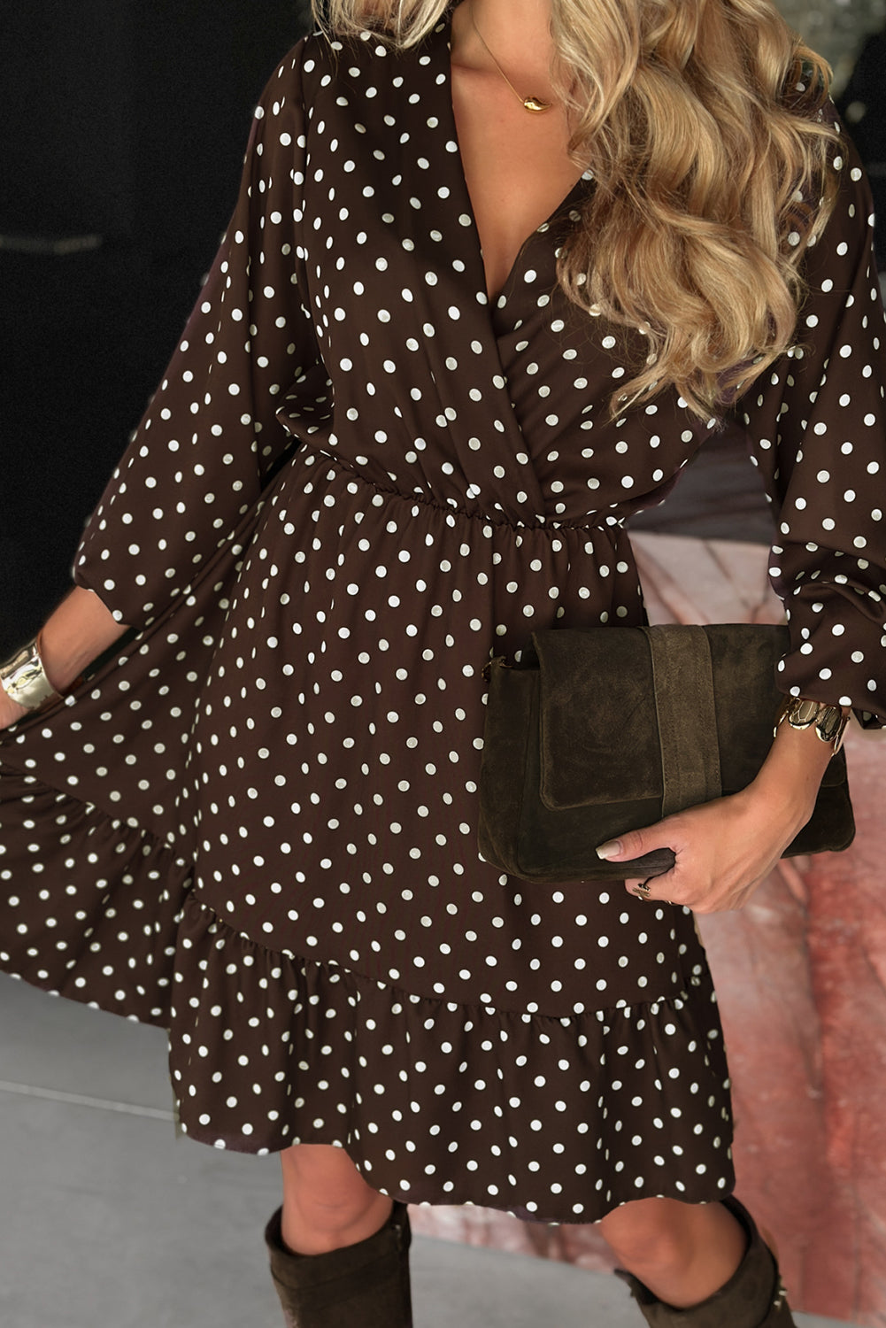 Chicory Coffee Polka Dot Long Sleeve Wrap V Neck Ruffle Hem Mini Dress 4658ccd9b516f773