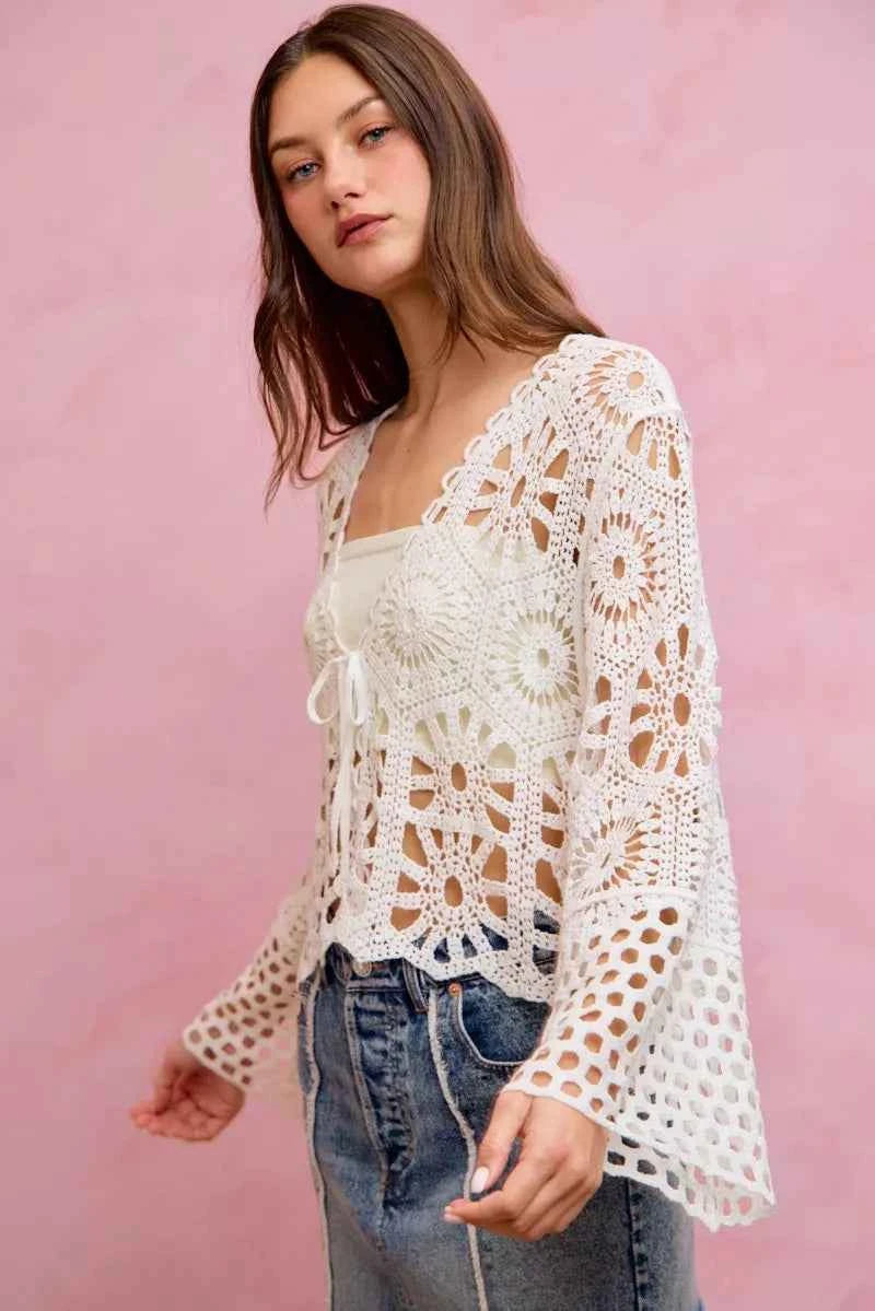 SO ME Floral Pattern Crochet Knit Tie Front Crop Cardigan 465bef87b9c443ebb181d5f86d7851a9-Max-Origin