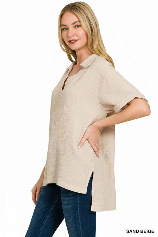 Zenana Double Gauze Short Sleeve High-Low Top 465c33bf-9aa4-47d3-b111-775b70d42e6f-Max-Origin