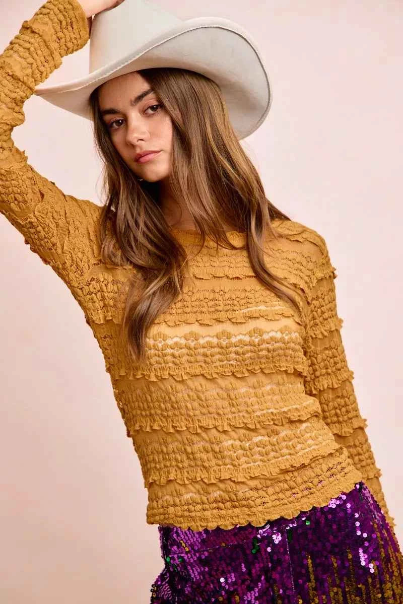 Ruffles Detail Mardi Gras Color Flower Lace Top 466299ca419449548c814dfe691cf43e-Max-Origin