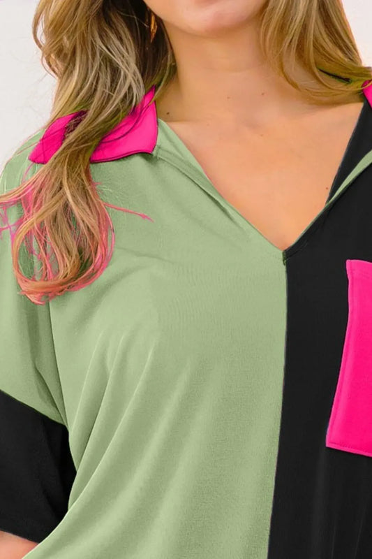 Slinky Knit Color Block V Neck Front Top 466a1656-40f4-4f02-a155-39877f758f83-Max-Origin