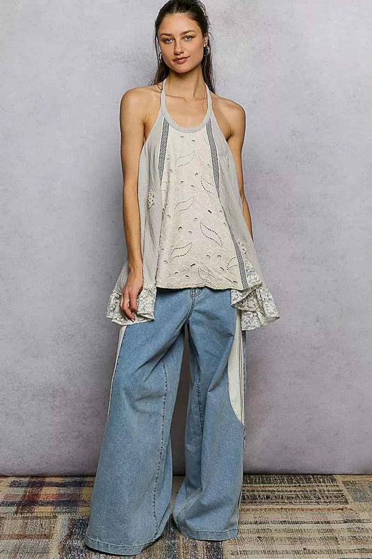 Lace Ruffle Halter Neck Double Gauze Top with Crochet Patch 466eb4e9-e2e4-4fbc-b40d-f3bf8b31740e-Max-Origin