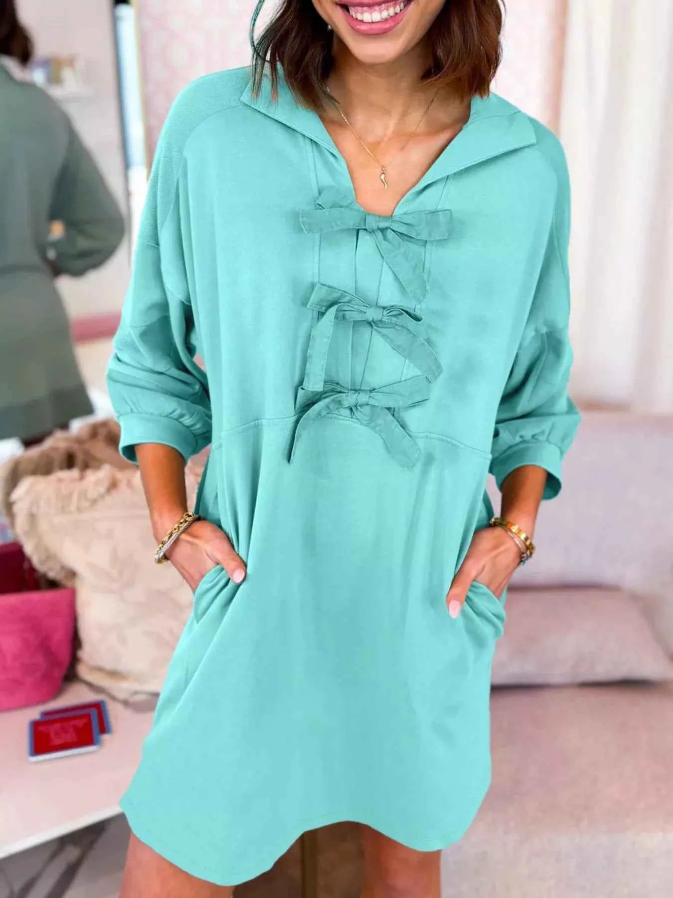 Bow Front Collared Side Pocket Shift Mini Dress Tiffany Blue 46737ccc-4f8d-497a-bb17-ea7ec13fdb75-Max-Origin