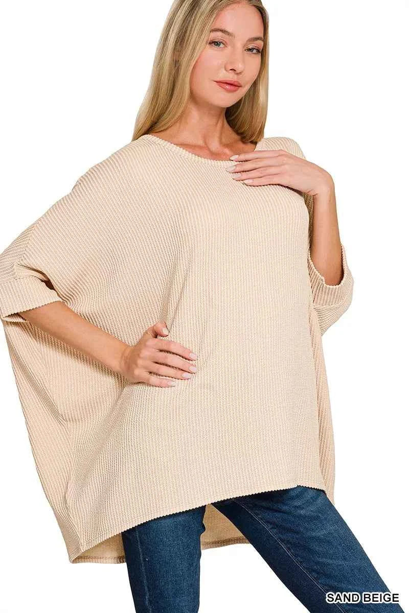 Zenana Raised Rib Bat Sleeve Top SAND BEIGE 4674a141716643f589a7afbe075a1a5f-Max-Origin