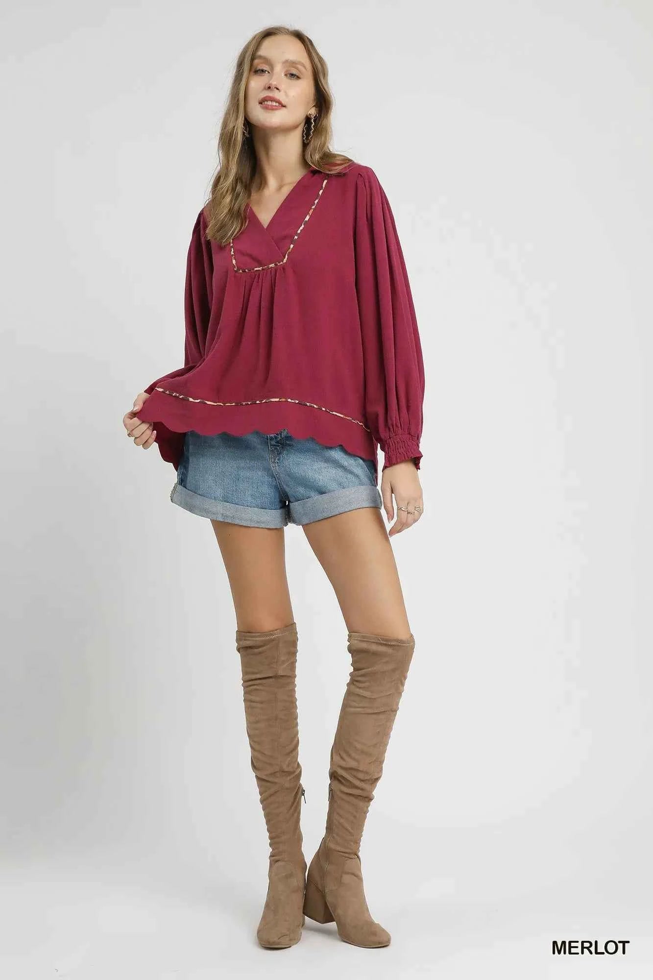 Umgee Full Size Linen Scallop Hem Blouse with Contrast Trim Plus Size 46760e3a-af50-4df4-b3a1-6e2f12fb99f2-Max-Origin
