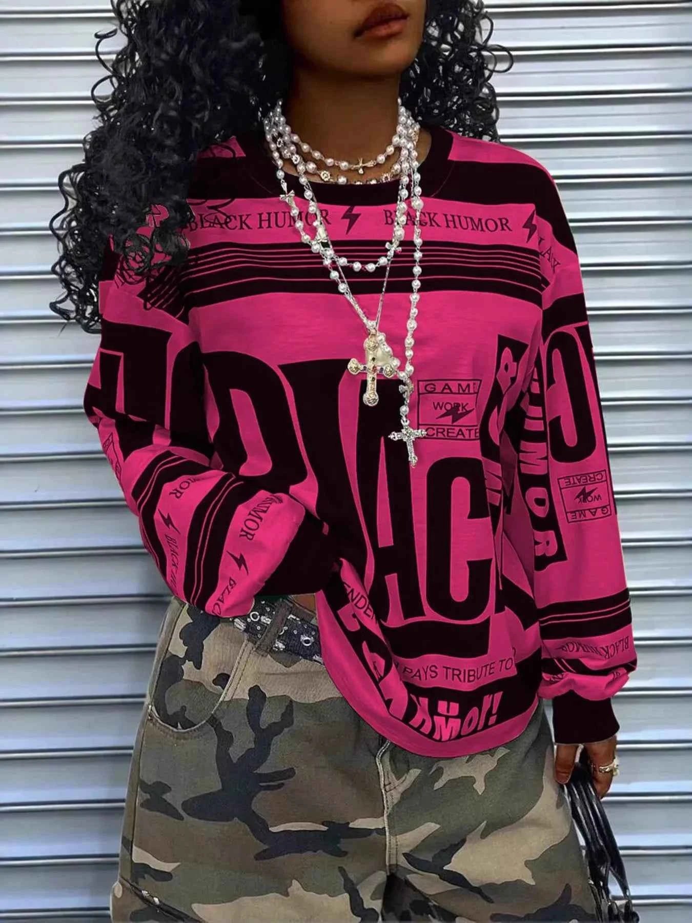 Printed Drop Shoulder Long Sleeve T-Shirt Hot Pink 46769ff101c44ad3bc9e7090d6437107-Max-Origin