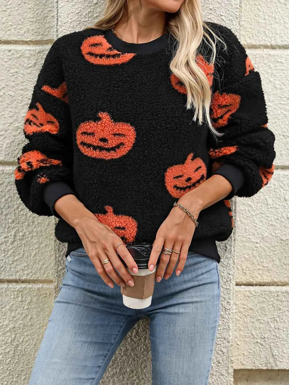 Fuzzy Pumpkin Round Neck Dropped Shoulder Sweater 46802ea9-f37f-42af-8bbb-c964400dcc37-Max