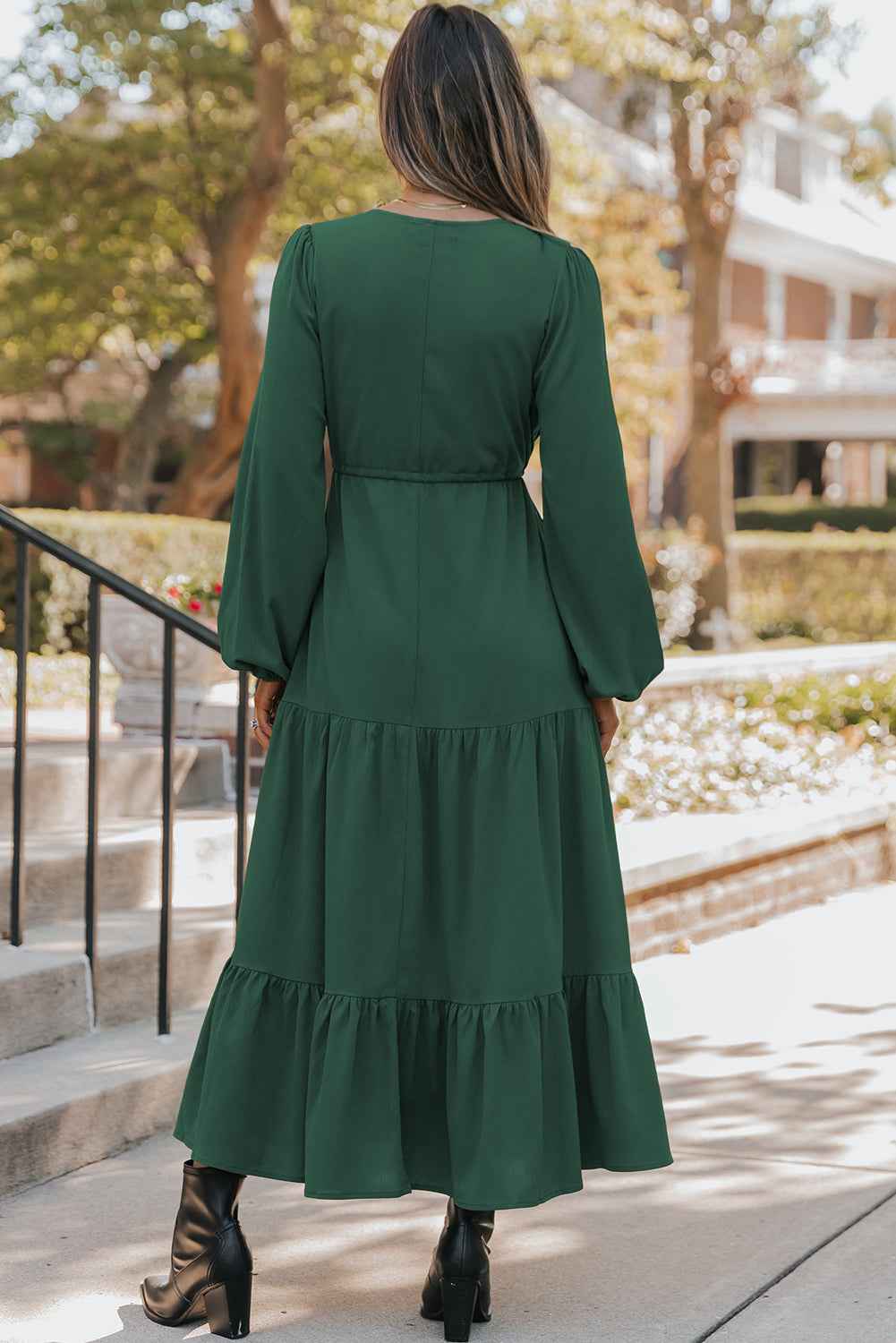 Blackish Green Solid Long Sleeve Button V Neck Tiered Maxi Dress 46803d41b56eb456