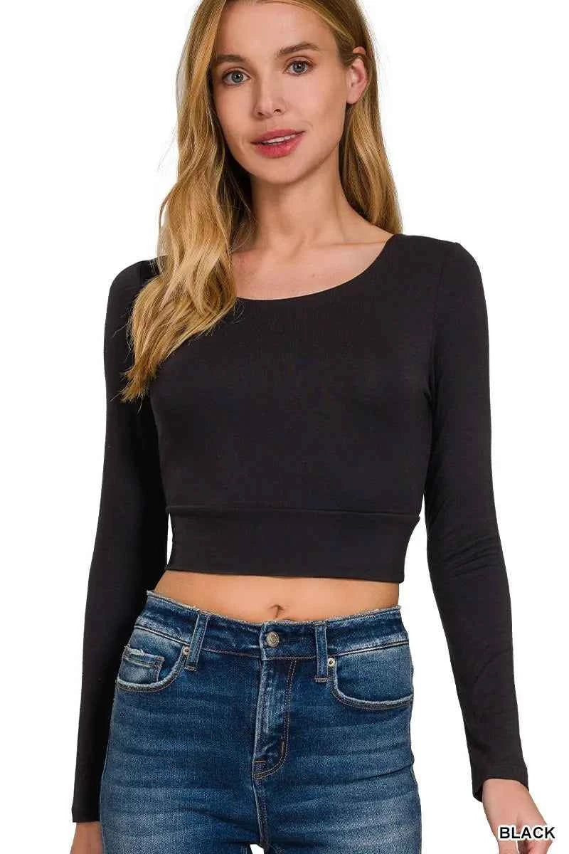 Zenana Double Layered Long Sleeve Cropped Round Neck T-Shirt 4680bc45912c4274af3bbaea6e6c9d22-Max-Origin