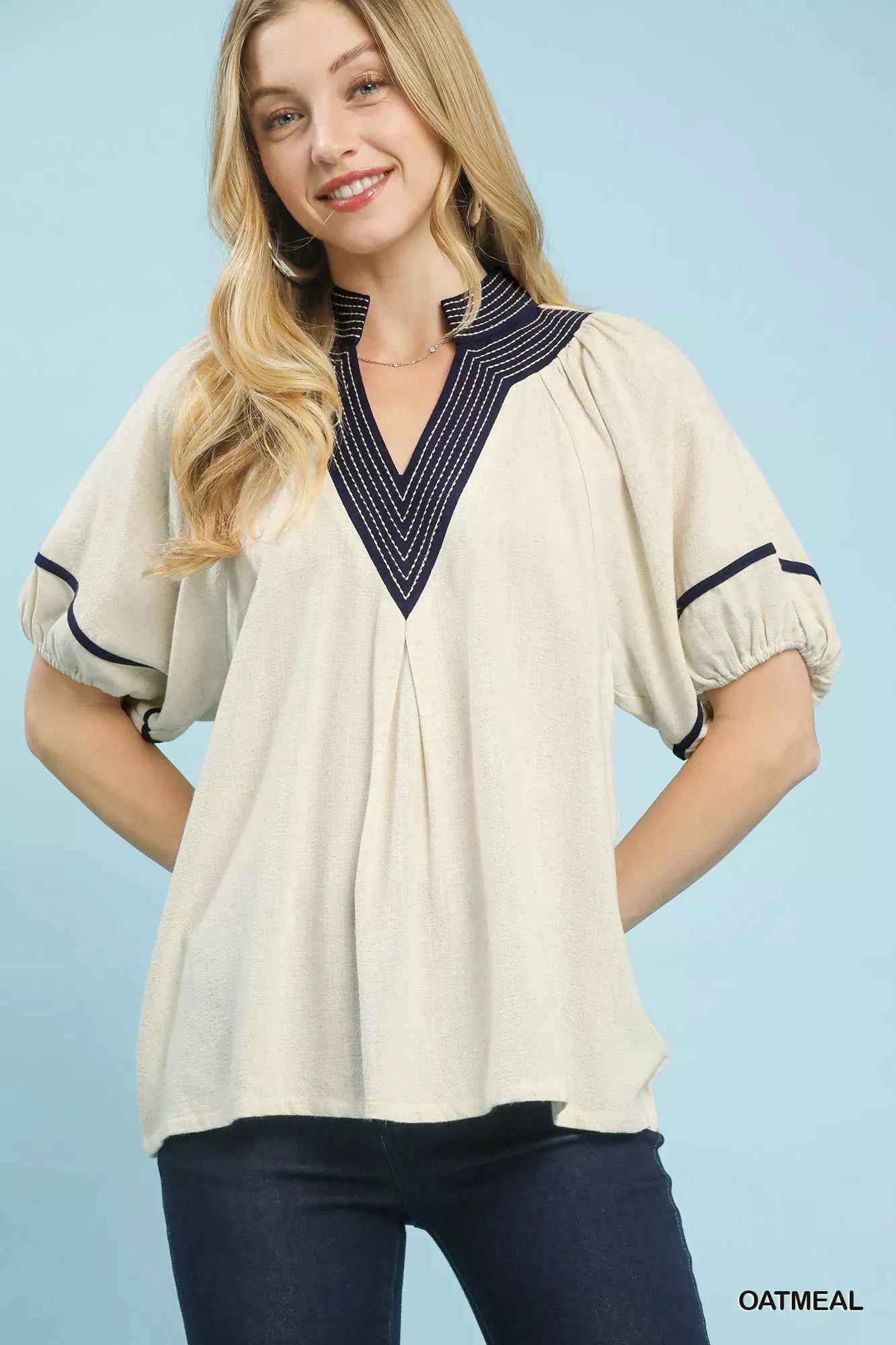 Umgee Linen Puff Sleeve Contrast Trim Top OATMEAL 4682157d-344c-4e54-940d-c6a5f8592e4a-Max-Origin