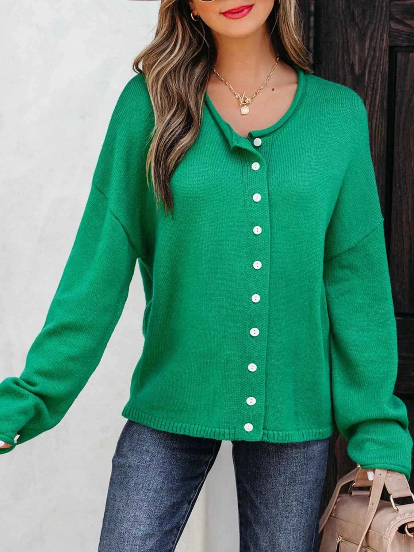 Solid Color Knit Button Drop Shoulder Sweater Cardigan 46858b05-bf70-4dc5-b982-ac76d3e8b19b-Max-Origin