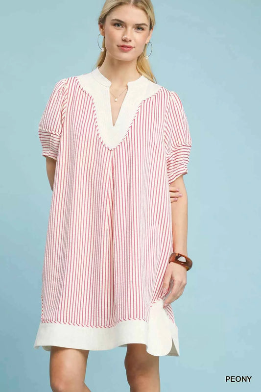 Umgee Pinstripe Shift Dress with Contrast Trim PEONY 4688da94-9e6c-43d5-a446-04e25fb53211-Max-Origin