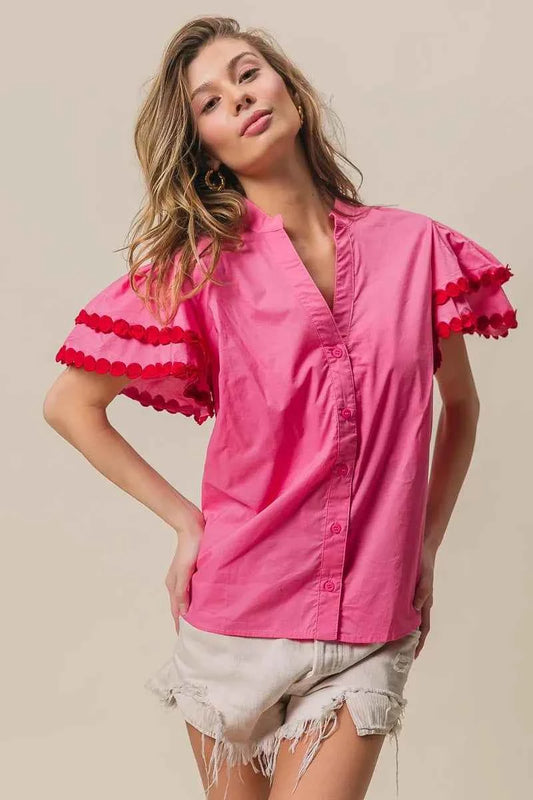 Dot Trim Flutter Sleeve Notched Top 468b88a09dad41e3b85e811debc252a5-Max-Origin