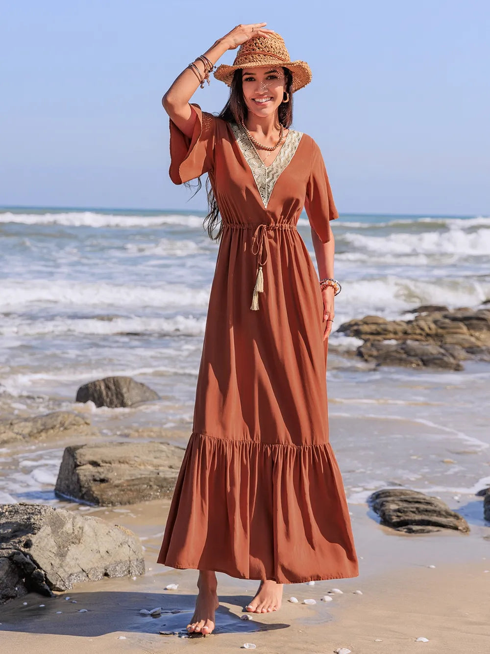 Ruffled Tassel V-Neck Flutter Sleeve Dress 468c78e7-3cb6-4b5b-9cc1-7d2dc59cd78b-Max