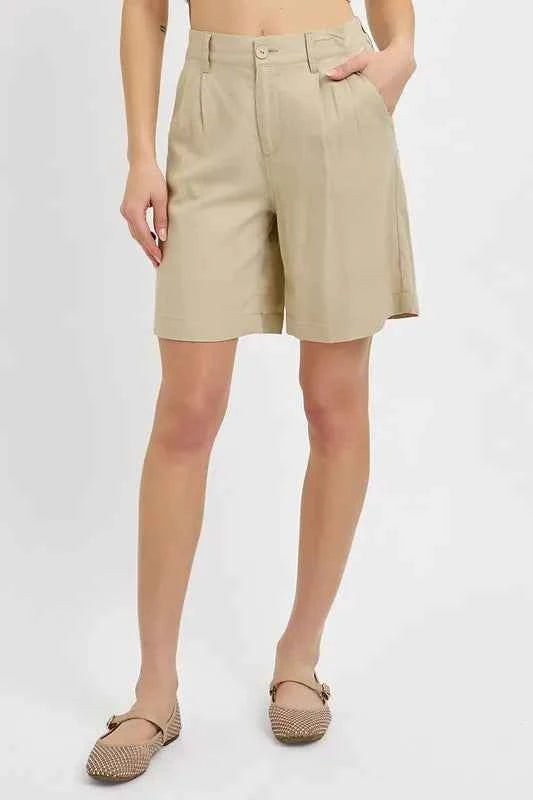 RISEN High Rise Pleated Front Shorts Tan 468eb3f9-22b2-4cb6-a8ad-dec887d2552e-Max