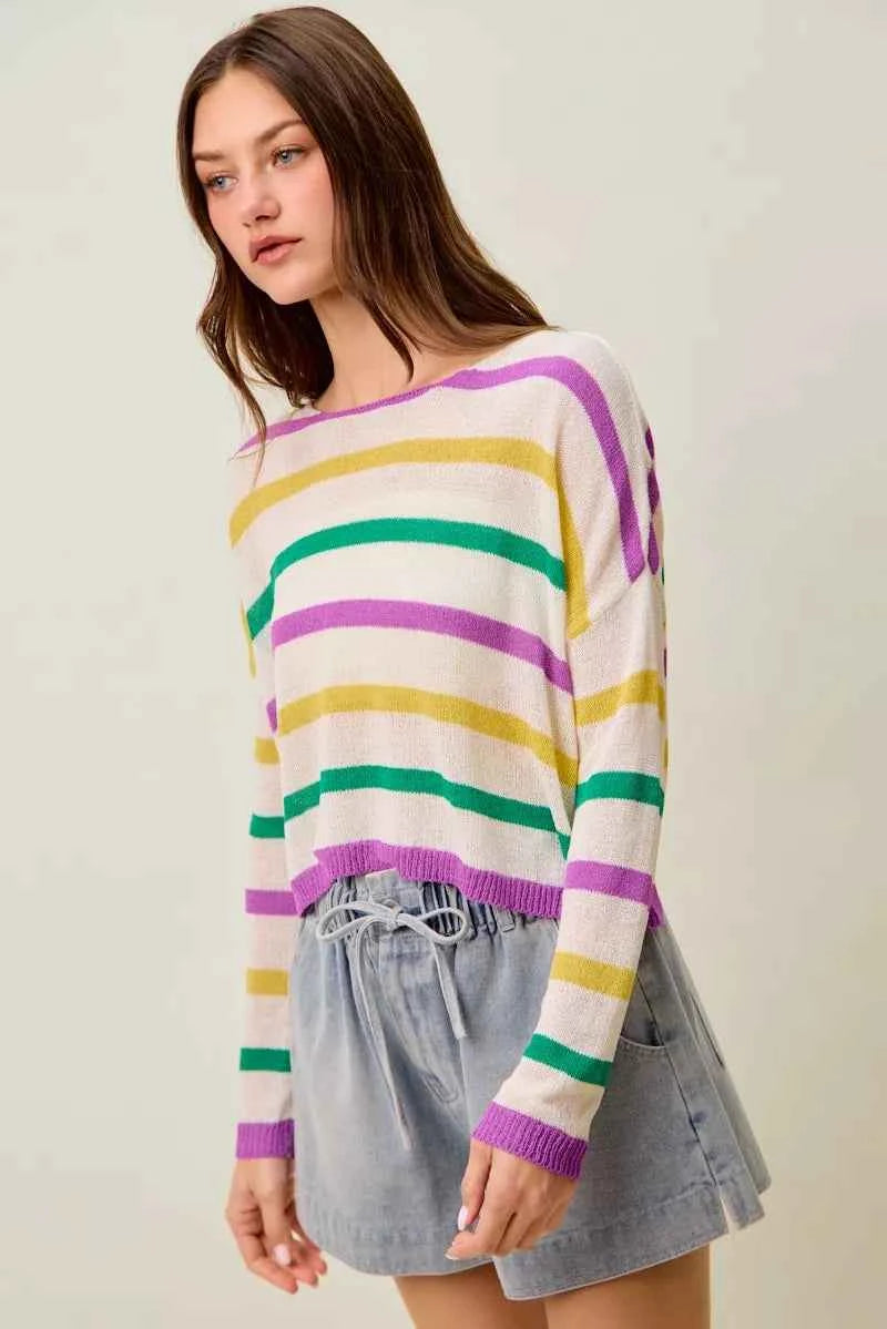 SO ME Mardi Gras Color Stripe Lightweight Sweater Top 468f6f06e6b5452a85a6824874ca43ed-Max-Origin