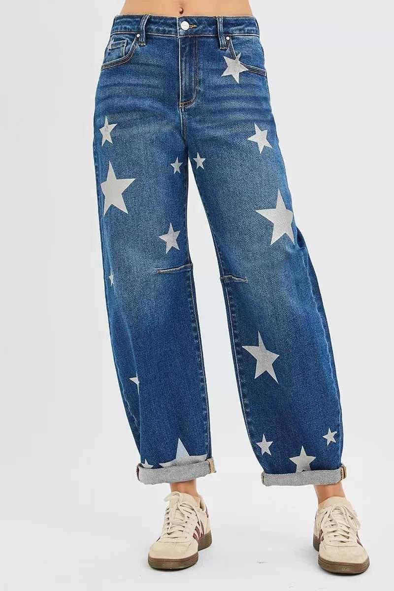 RISEN Mid Rise Ankle Length Relaxed Barrel Star Printed Jeans 46924039d60b4826b8984bb3c0df6002-Max-Origin