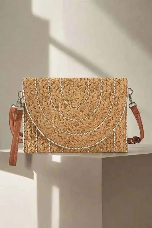 Fame Stitch Detailed Straw Crossbody Bag Taupe One Size 469479f2420c47d1986d44ba5148a7e0-Max-Origin