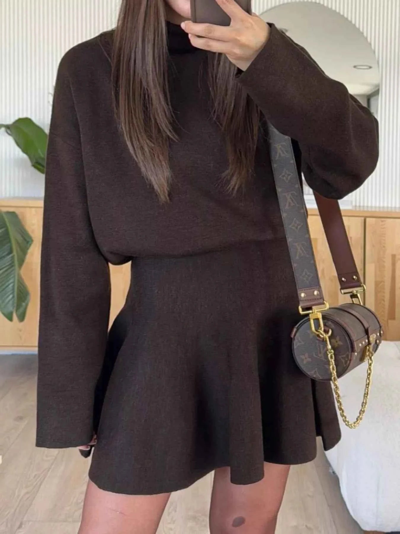 Round Neck Long Sleeve Mini Sweater Dress Brown 46a61d1c841d48b1af2efd8487481860-Max-Origin