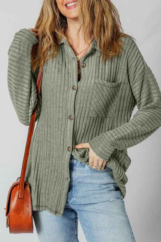 Thermal Ribbed Button-Up Drop Shoulder Textured Sh Mist Green 46ab126a-c05f-4209-a3d0-c0b50b0e16a8
