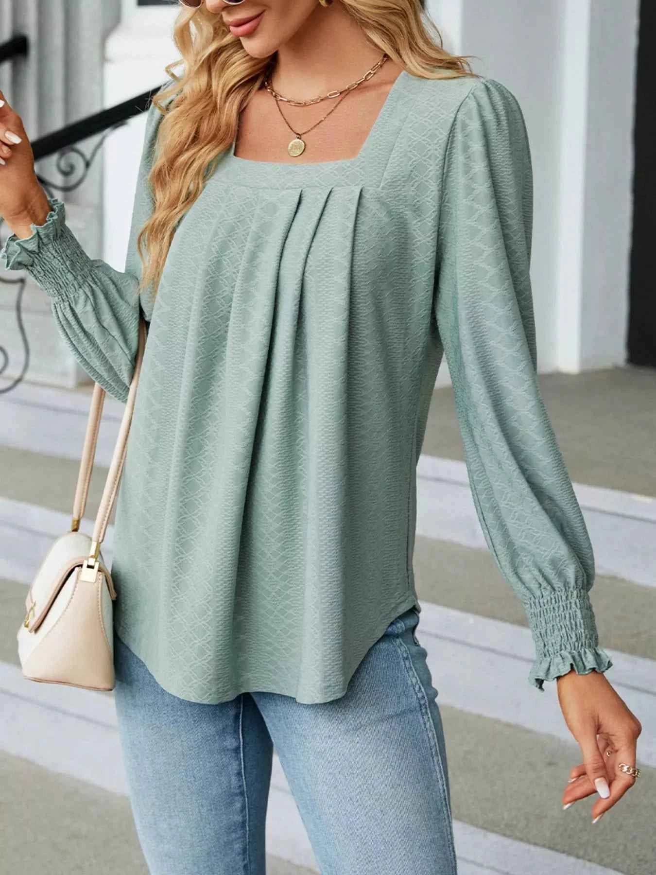 Pleated Square Neck Long Sleeve Top 46be3efe-166a-44f9-bd5d-2dd0b72767e4-Max-Origin