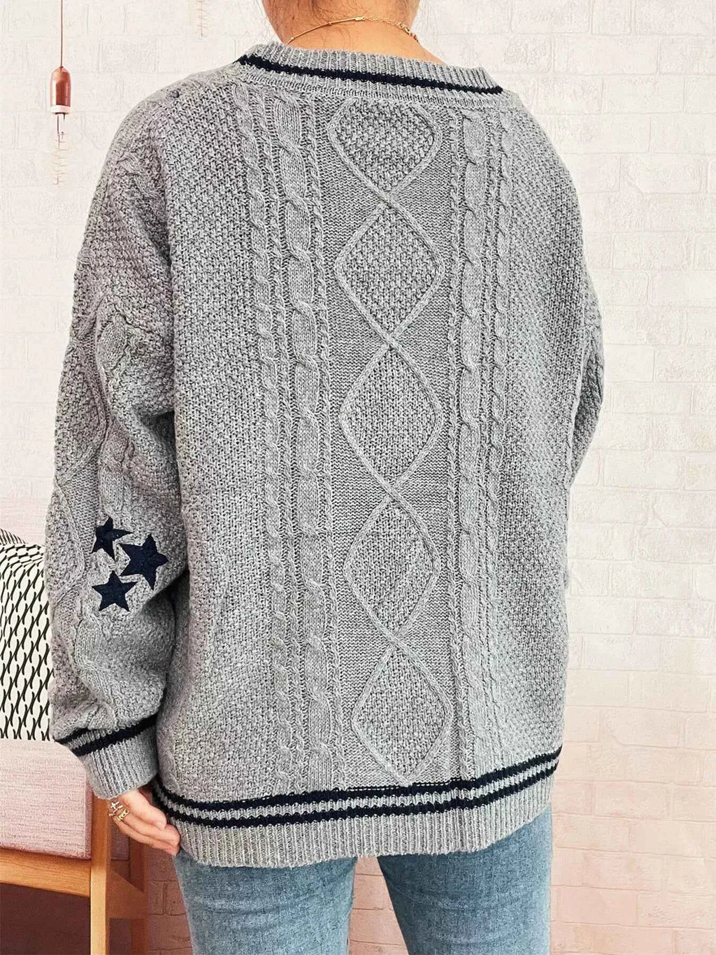 Star Pattern Button-Up Cardigan with Contrast Trim 46c381490084491183231fe8b3e1efc7-Max-Origin