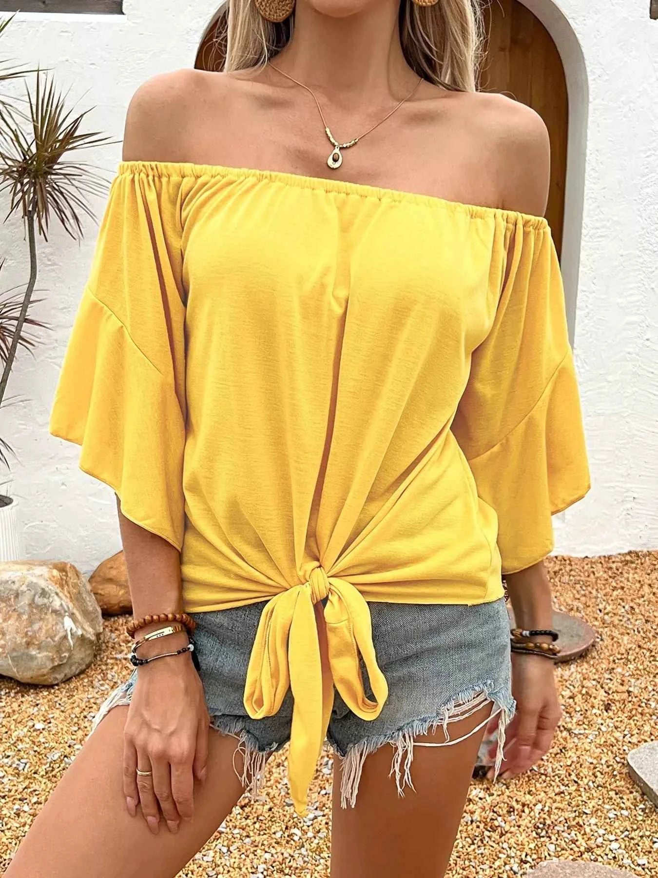 Off-Shoulder Tie-Front T-Shirt Yellow 46c692b398b74201bac69f7a163f8fd3-Max-Origin