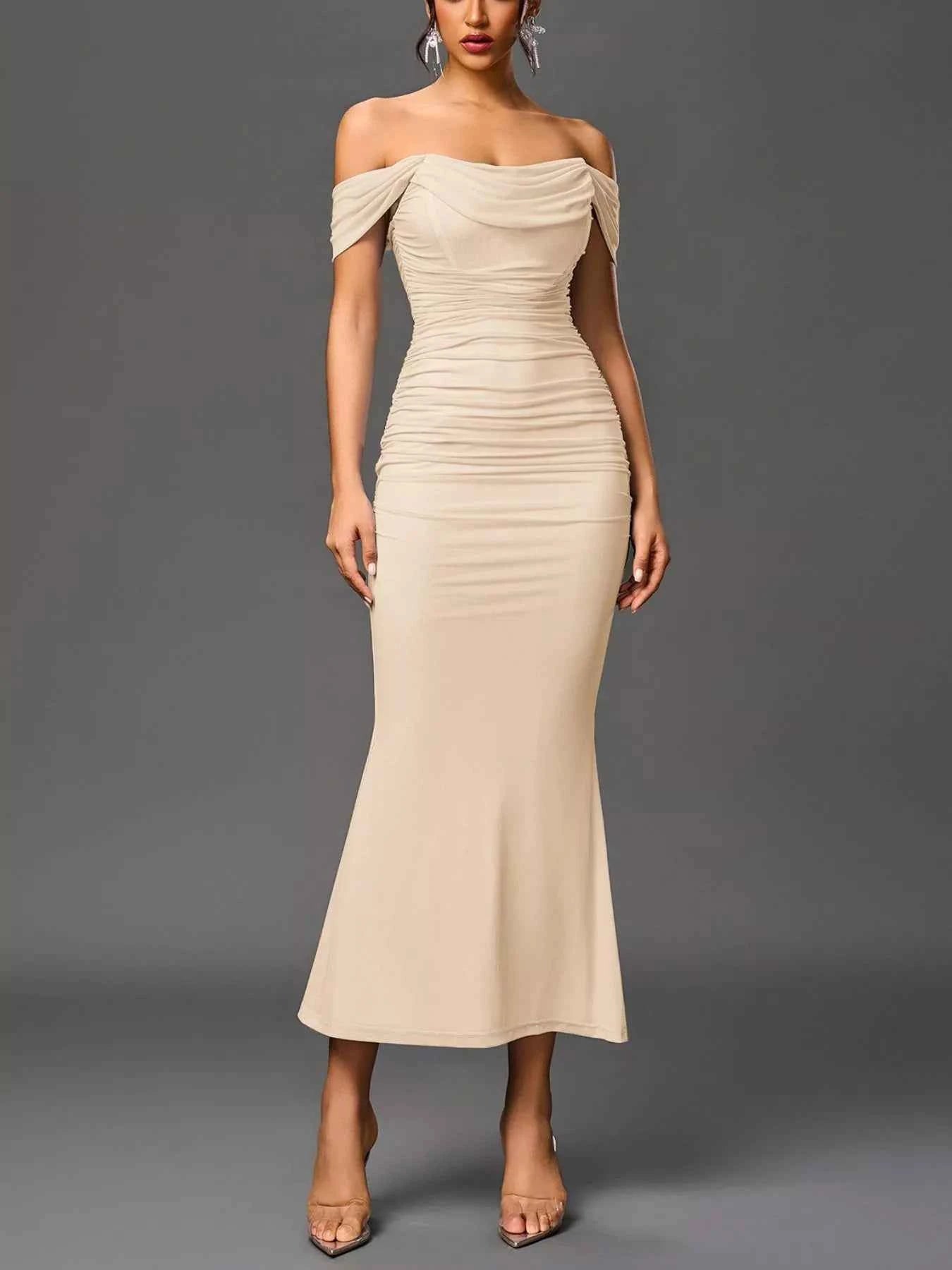 Off-Shoulder Ruched Mermaid Maxi Dress Apricot 46c731e9-ce3e-4a13-9427-071578192f87-Max-Origin