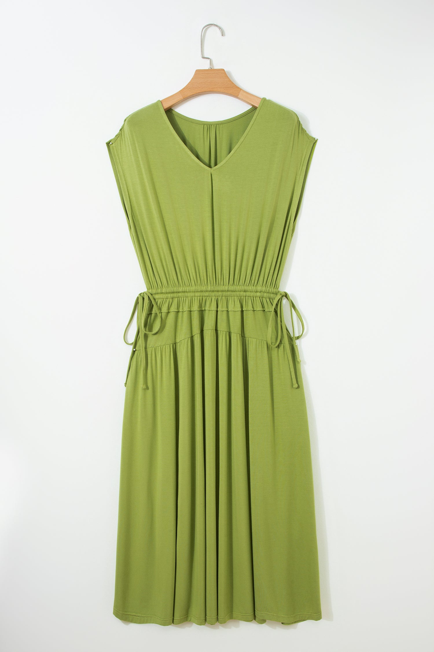 Fern Green Solid V Neck Cap Sleeve Tunic Elastic Waist Versatile Maxi Dress 46cf435a23c89216