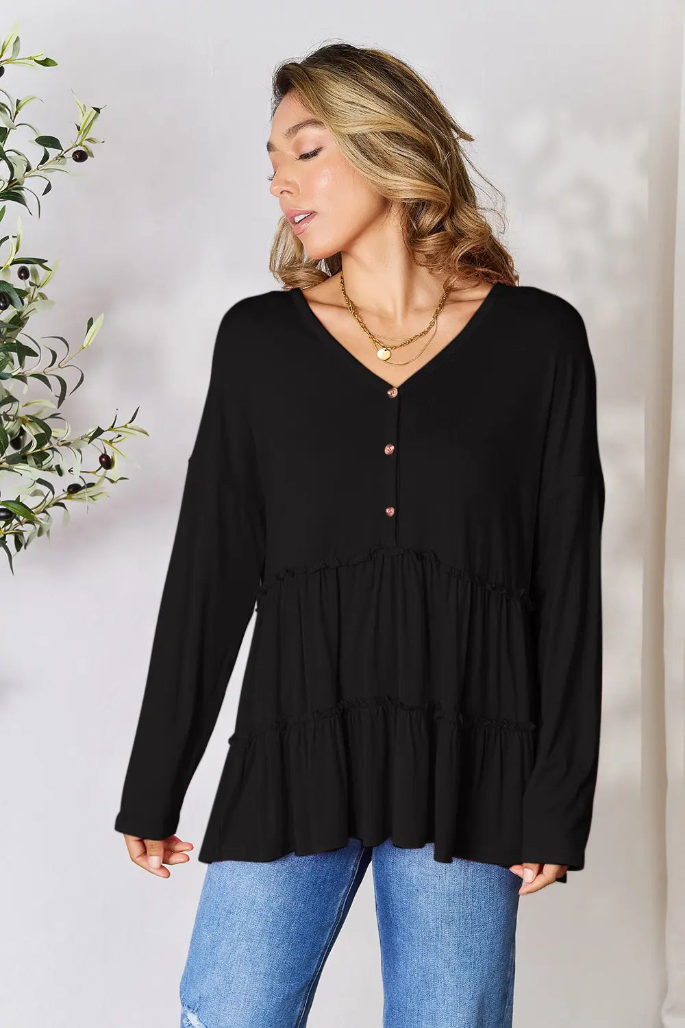 Double Take Half Button Long Sleeve Ruffle Hem Blouse 46cf50214eb74e5a9f835a67edfcf921-Max
