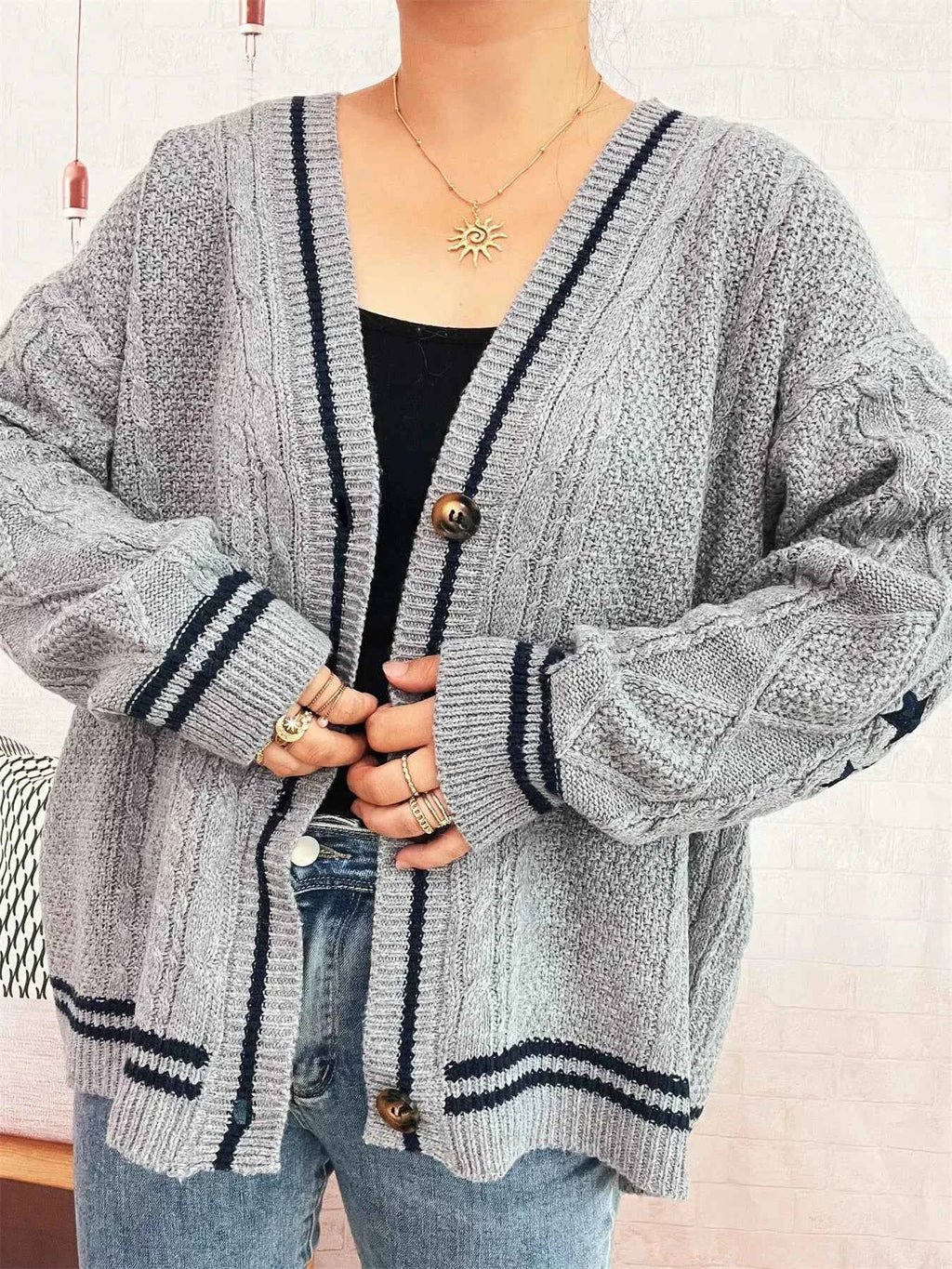 Star Pattern Button-Up Cardigan with Contrast Trim 46d00e409ae445f2a0fbe88cace1fda8-Max-Origin