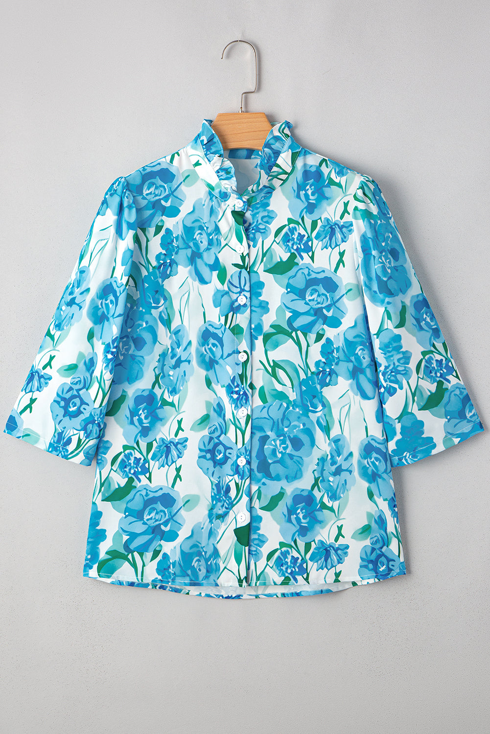 Green Floral Print Stand Neck Puff Sleeve Shirt 46d57b87f7e596f6