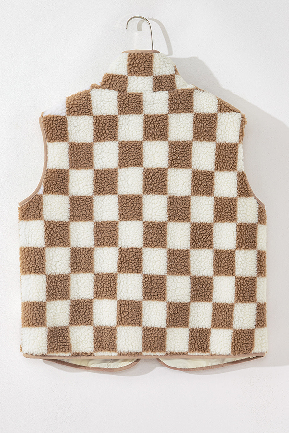 Khaki Checkered Sherpa Collared Jacket Vest 46d69a62febfdd7f