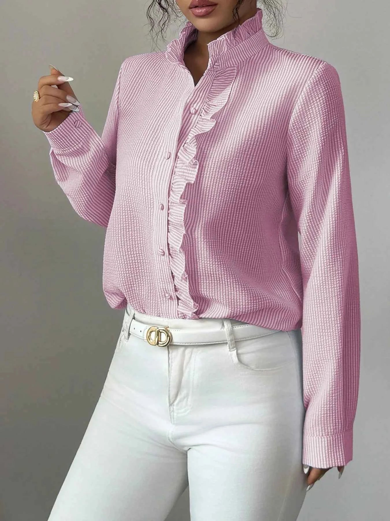 Ruffle Front Striped Button-Up Shirt 46d6b141-d5fb-48ba-8062-2243de7d0030-Max-Origin