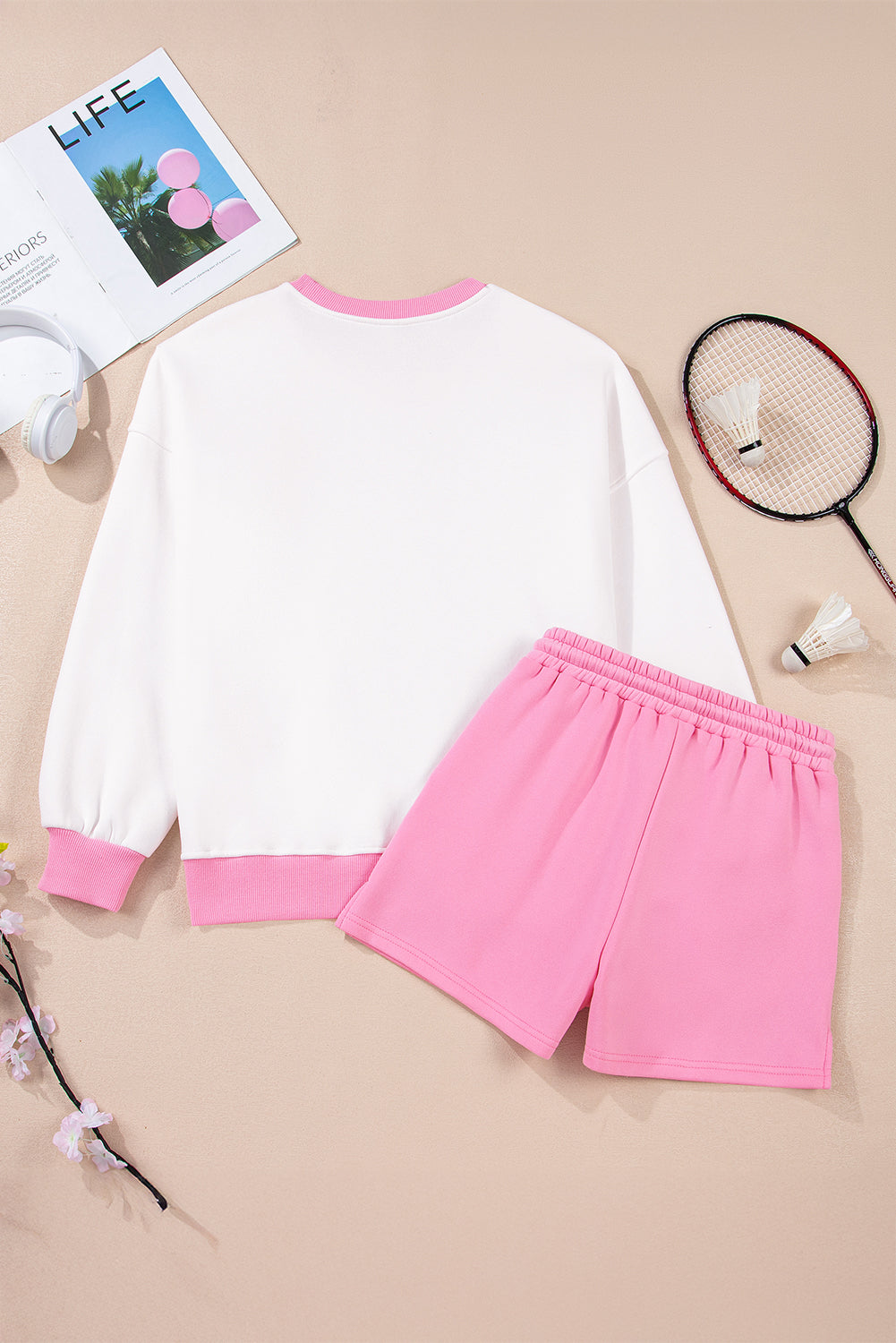 Strawberry Pink Colorblock Pullover and Drawstring Shorts Set 46db5b4b3686417a