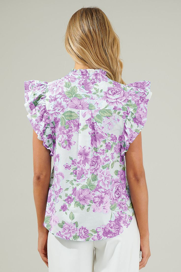 Sky Blue Floral Print Ruffle Sleeve Frill Shirt 46db9f68c2ff63bc