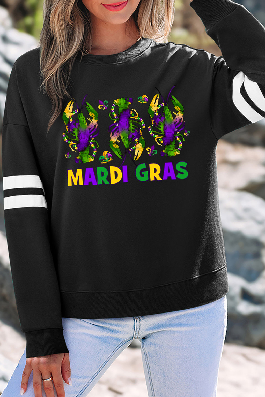 Black MARDI GRAS Crayfish Printed Varsity Striped Drop Shoulder Sweatshirt 46dc8bcd0f528d0b