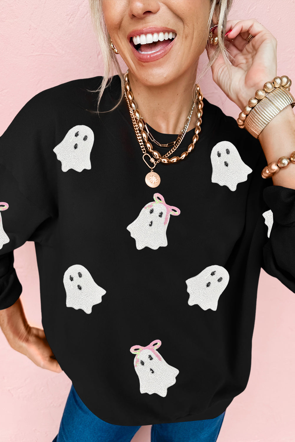 Black Cute Bow Ghost Sequins Patch Graphic Crew Neck Halloween Sweatshirt 46de043a4bb1c5f0
