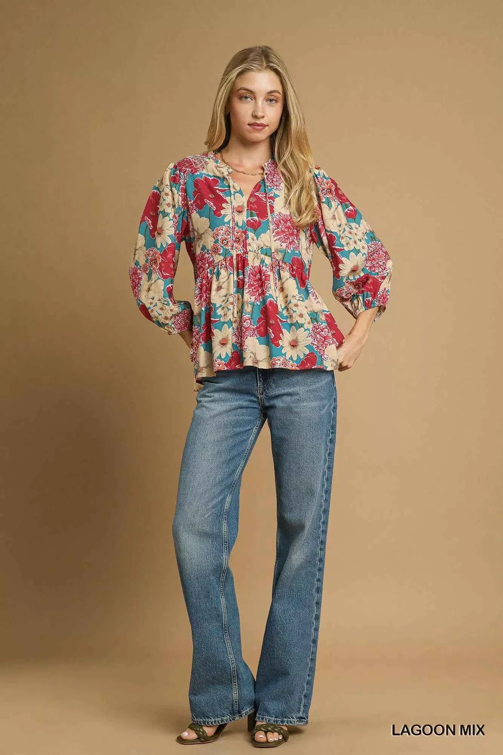 Umgee Mix Floral Peplum Blouse with Tie Neck 46e1a89a-df44-44b3-a559-5fbd11dde577-Max-Origin