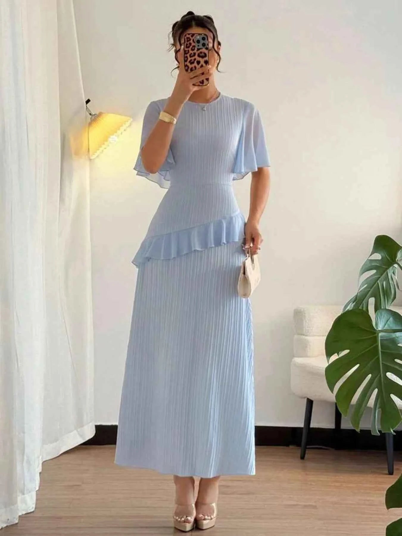 Ruffled Round Neck Flutter Sleeve Dress 46e3a2fe2a9e4700a2bc87c0a6a8d2fd-Max-Origin