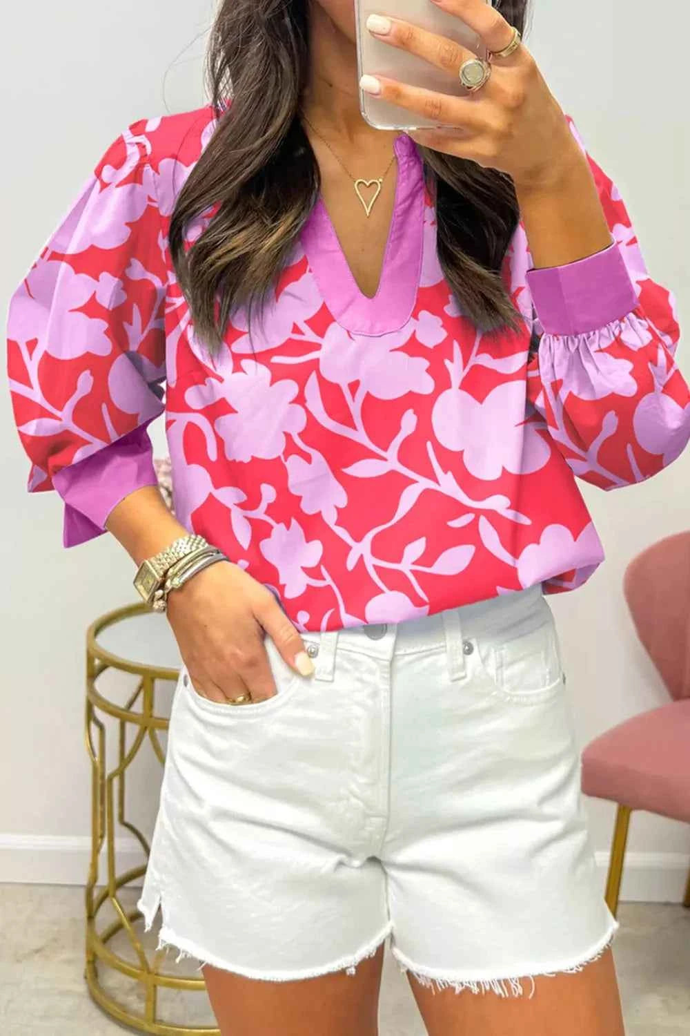 Printed Notched Long Sleeve Blouse Hot Pink 46e4c598-b2dd-487d-9a1b-ef38c79c02b9-Max-Origin