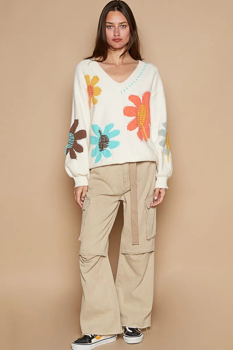 POL V-Neck Long Sleeve Flower Fringe Sweater 46e97234-ed13-4290-baae-a1c669f85317-Max