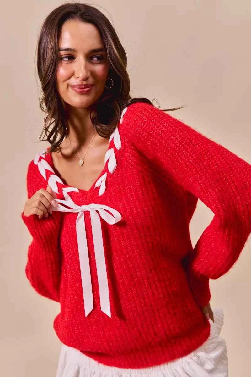 SO ME Satin Tape Braided Ribbon Tie V Neck Sweater 46e9dfda3a7e47b9a9af880ce4b4b46c-Max-Origin