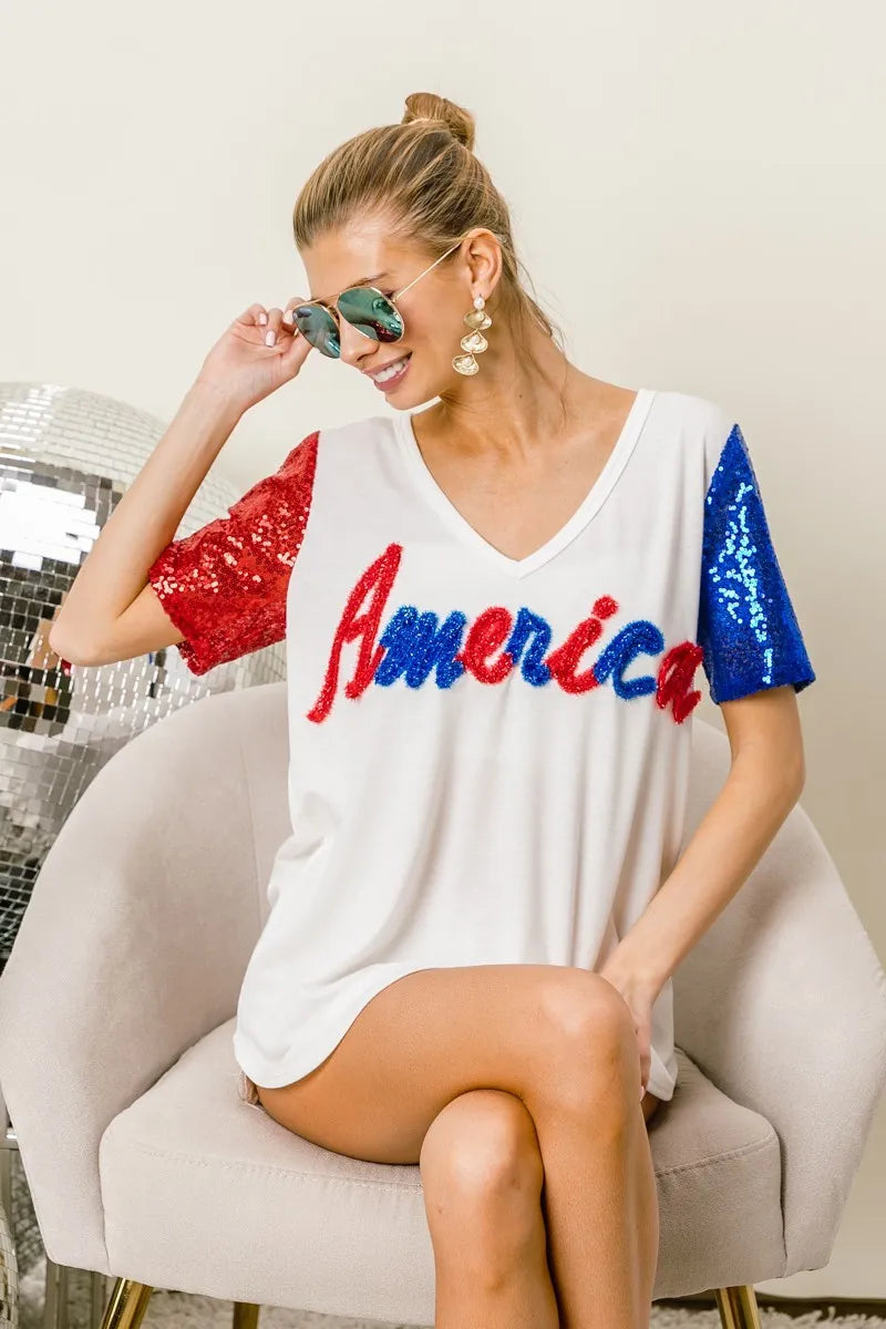 BiBi Metallic Letter V-neck Sequin Sleeves Top 46ed53b03117401bbeb46923d4675d69-Max-Origin